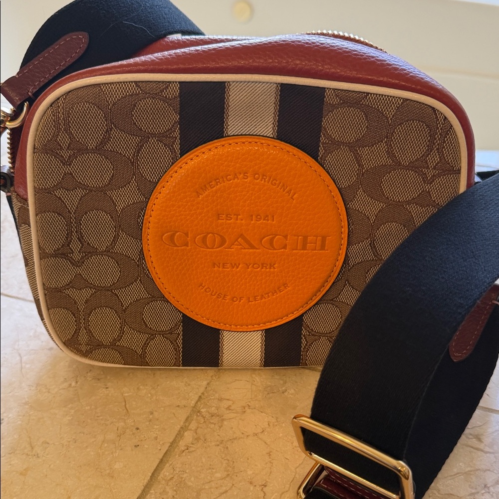 Coach Brown Monogram Belt Bag with Orange Patch
